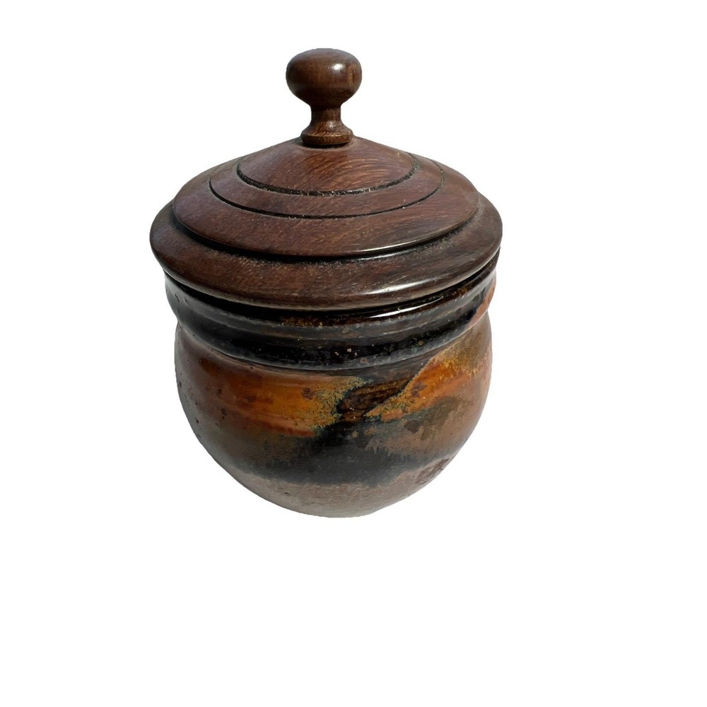 Antique VTG  Pottery Treen Wood Lid Spice Salt  Jar Container Finial